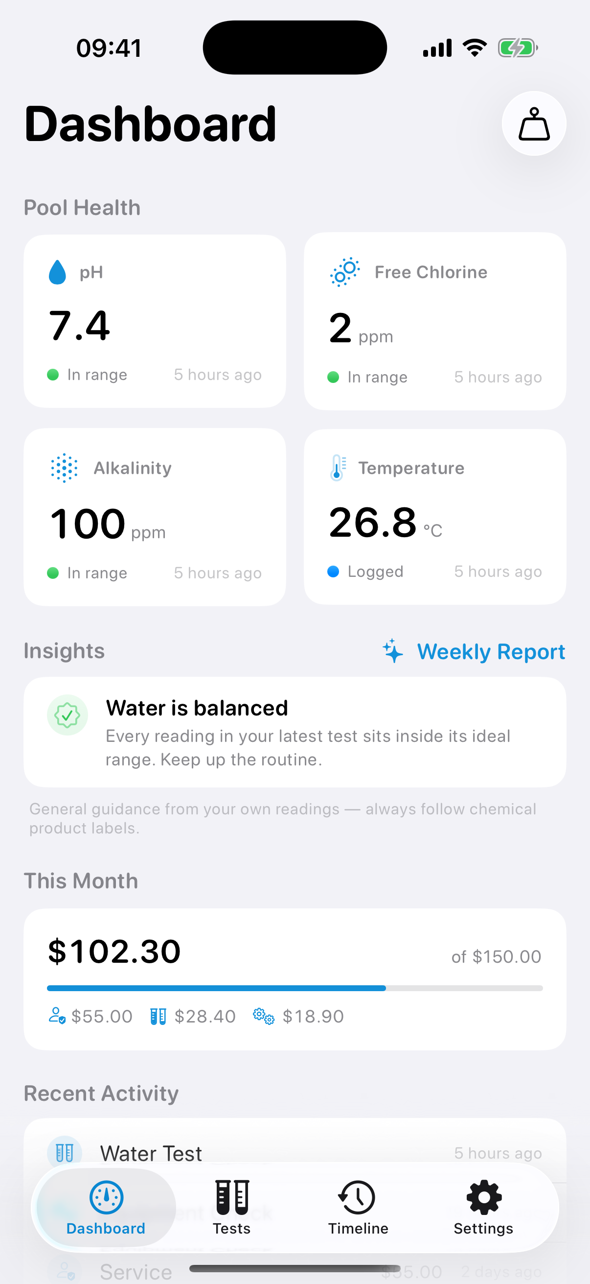 AquaLog dashboard inside a front-facing silver iPhone