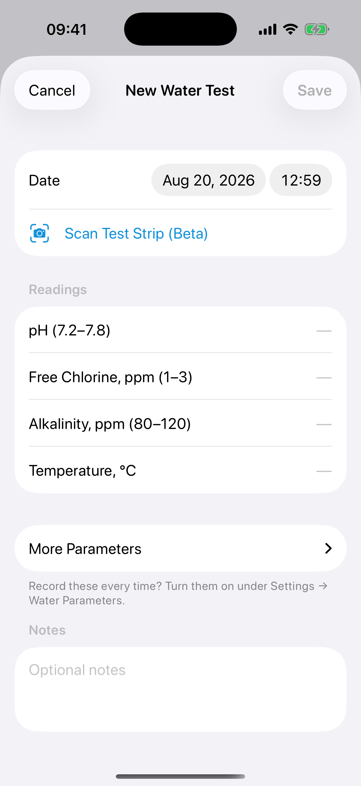 AquaLog New Water Test form inside a front-facing silver iPhone