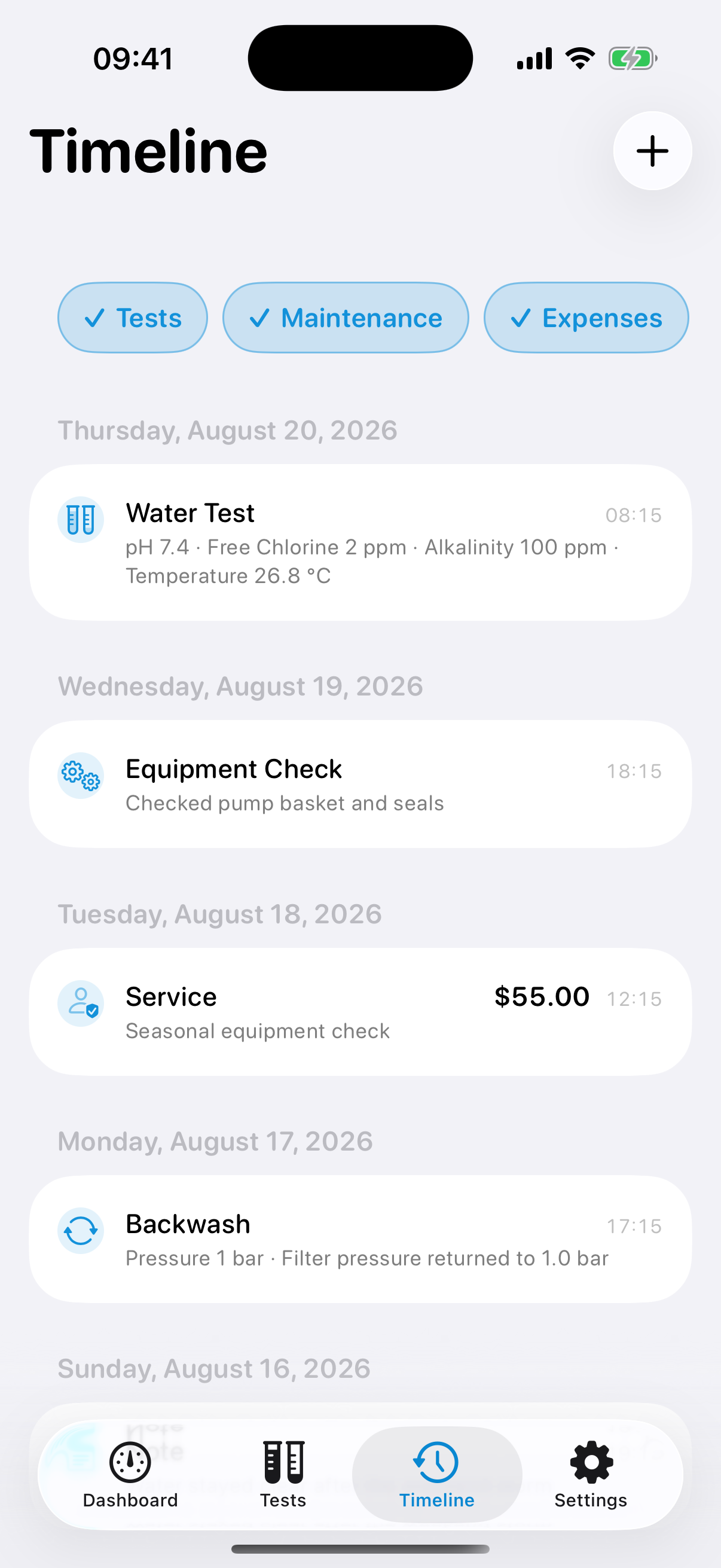 AquaLog timeline inside a front-facing silver iPhone
